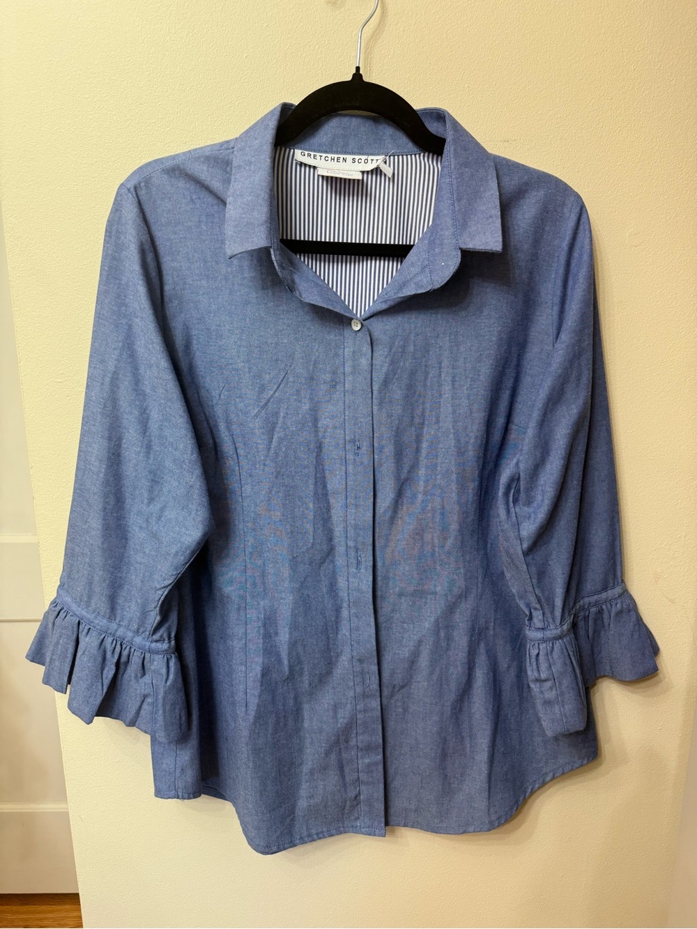 Gretchen Scott L Classic Ruffle Sleeve Button-Up Chambray Shirt Southern Cottage - Picture 7 of 11